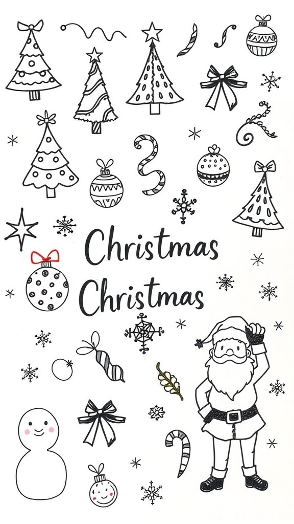 Hand-drawn Christmas doodles including trees, ornaments, and snowflakes on a white background.